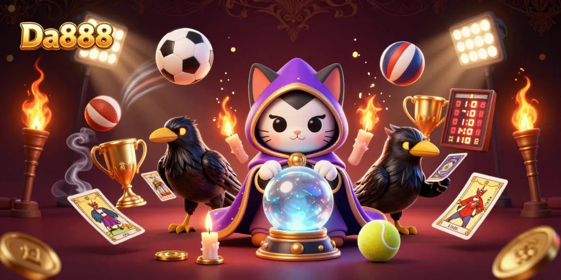 Engage with Da888's thrilling atmosphere featuring a mystic cat, tarot raven, and dynamic sports elements.