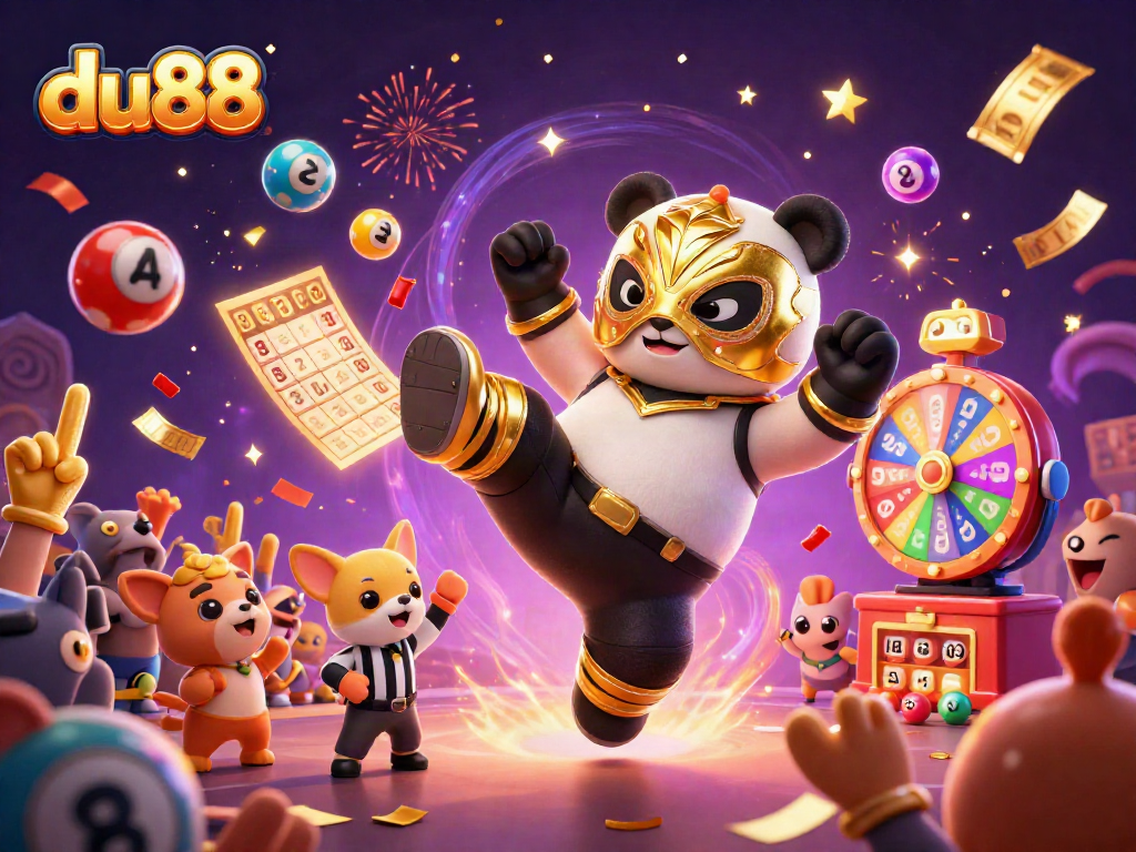 Celebrate at du88 with a dynamic scene of a panda wrestler kicking and lottery balls flying!