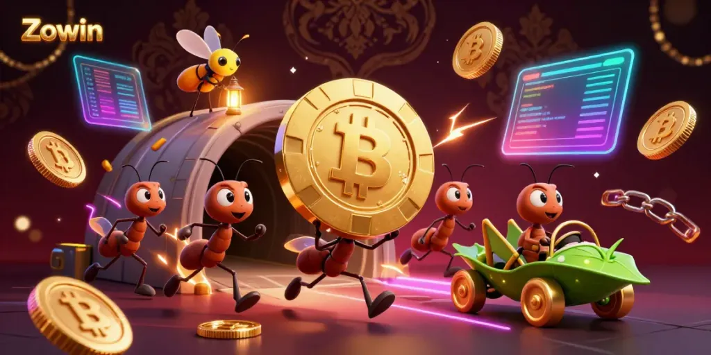 Zowin casino-themed illustration showing ants with a golden poker chip surrounded by cryptocurrency elements.