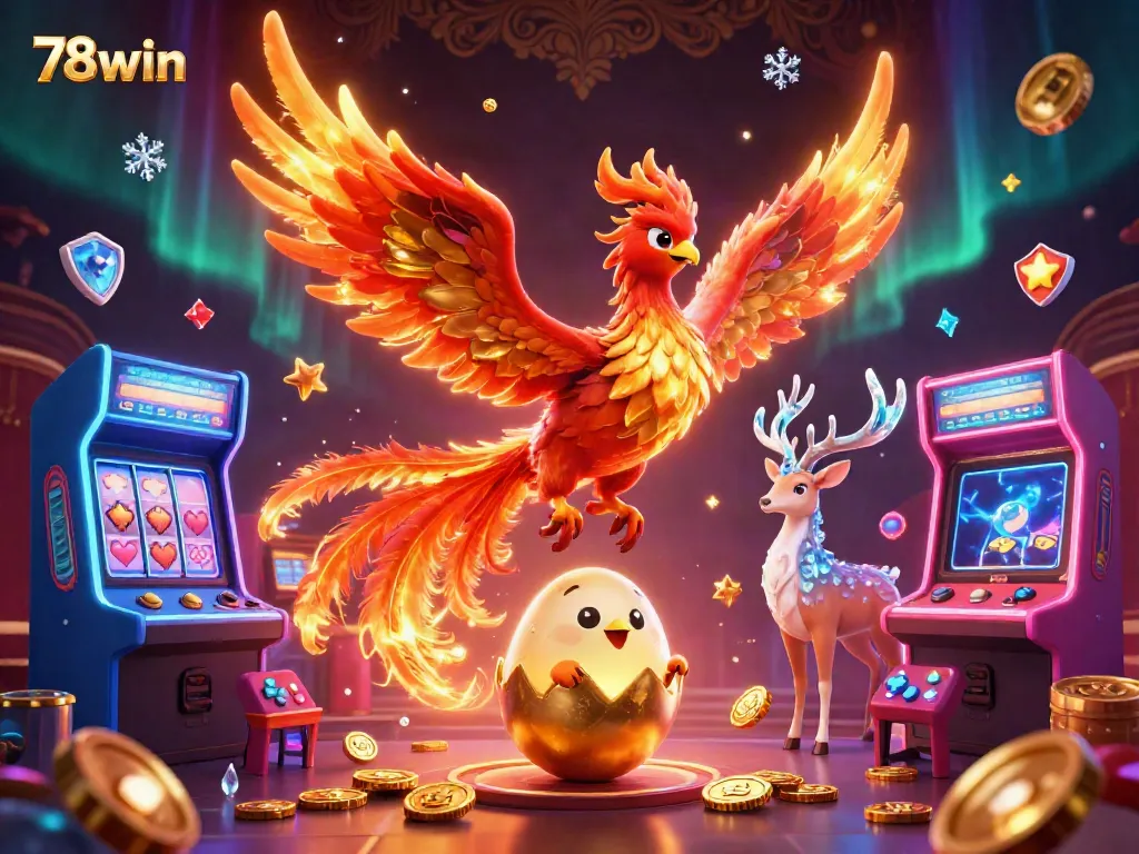 Experience the vibrant world of 78win with a majestic phoenix and gaming elements surrounded by colorful casino features.
