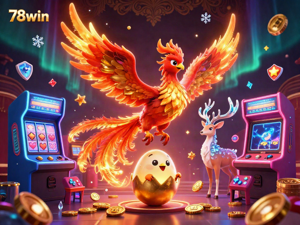 Experience the vibrant world of 78win with a majestic phoenix and gaming elements surrounded by colorful casino features.