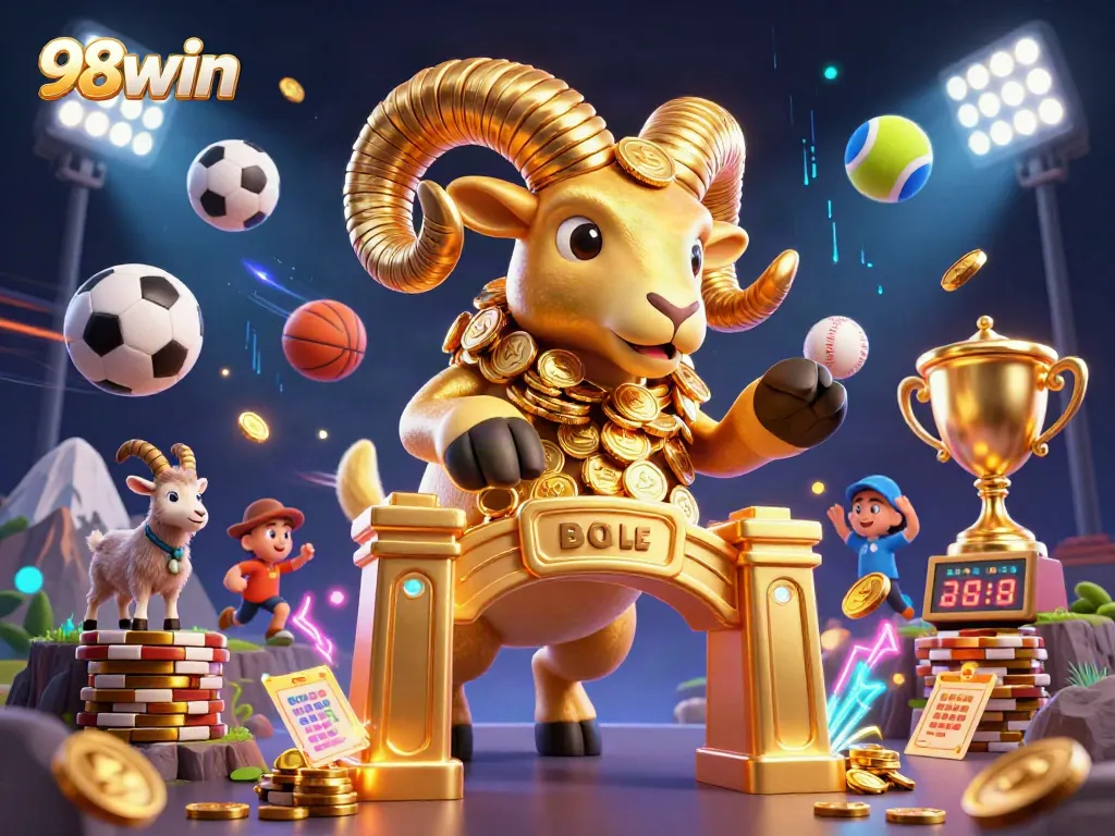 Engage with 98win's thrilling action featuring a golden ram charging with dynamic sports elements