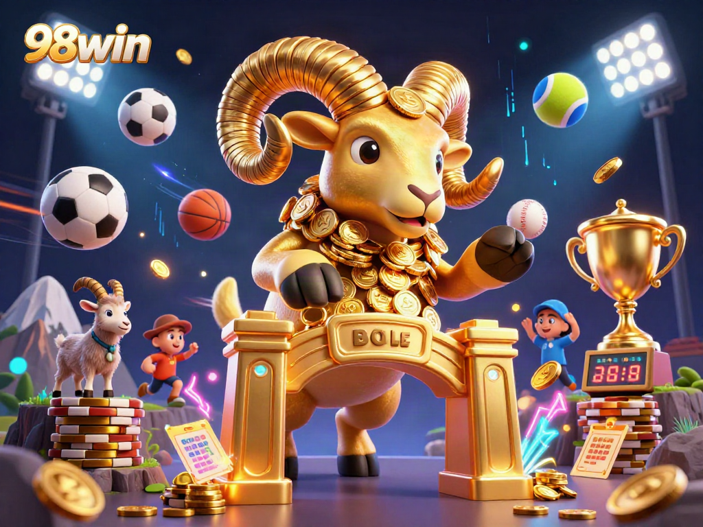 Engage with 98win's thrilling action featuring a golden ram charging with dynamic sports elements