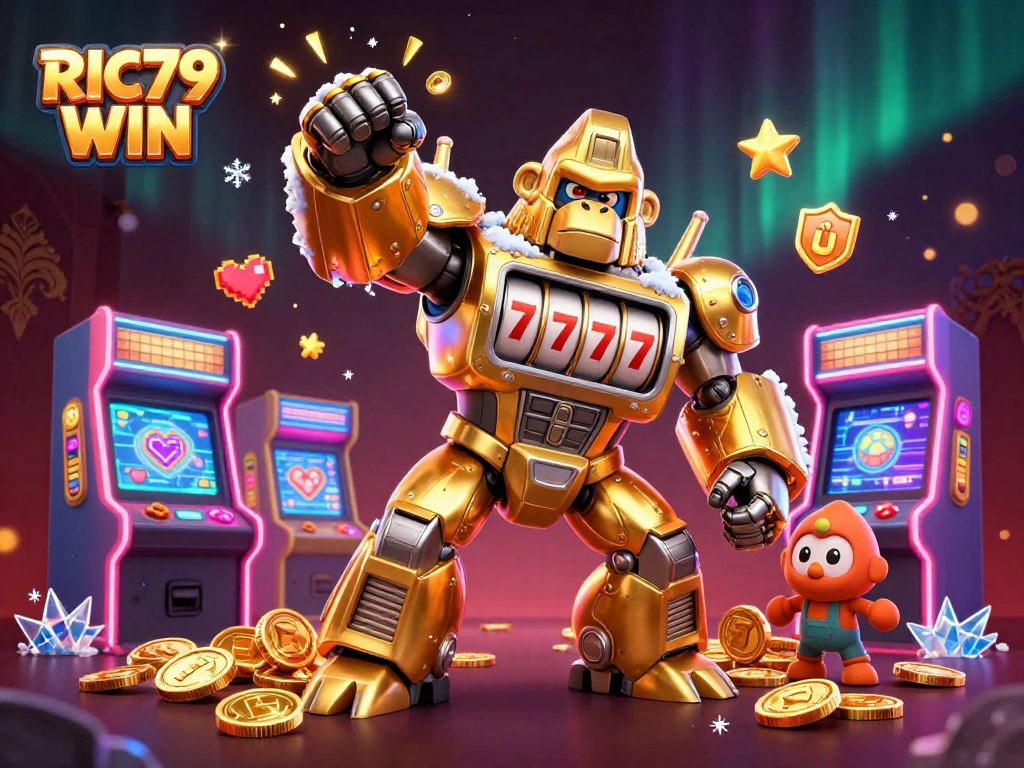 Experience thrilling slots with RIC79 WIN in this dynamic casino scene featuring a golden mech gorilla.