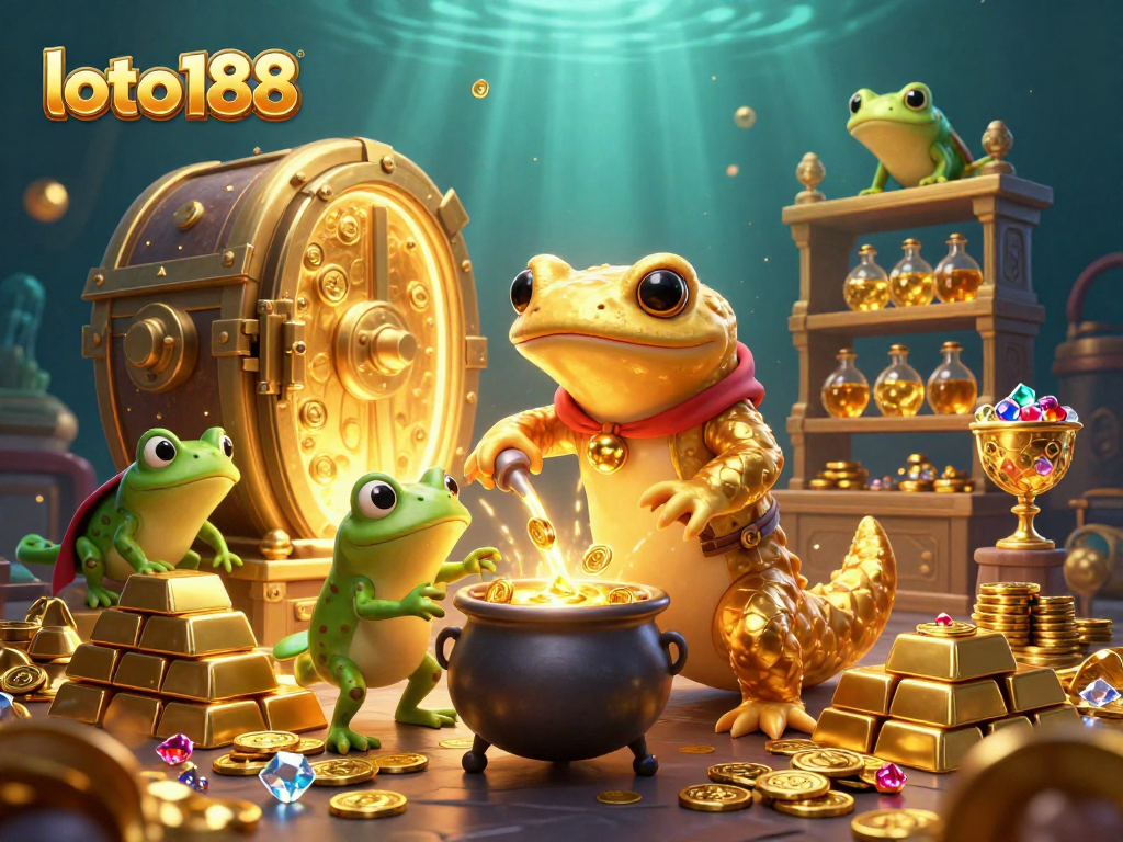 Immerse in loto188's vivid fantasy world with a golden salamander alchemist and treasure elements.