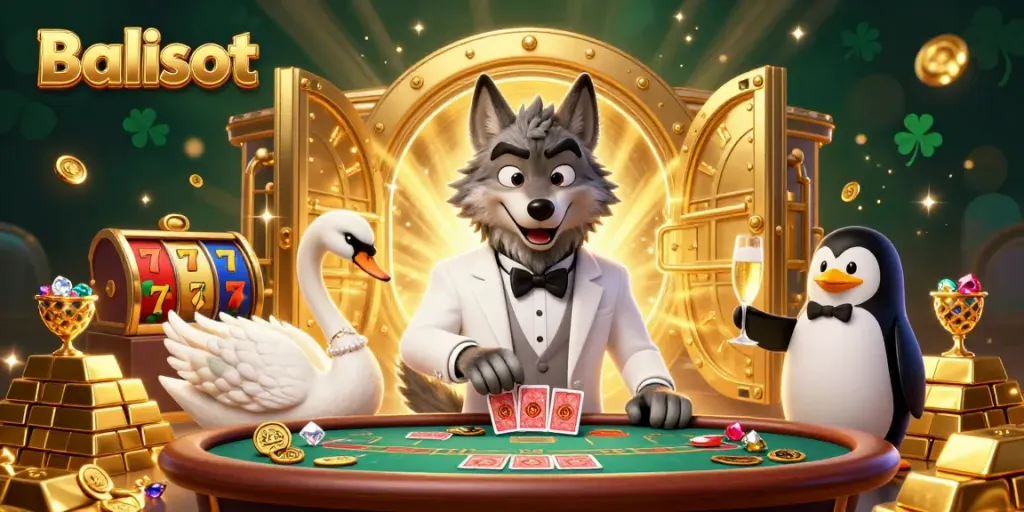 Experience live casino excitement with Balislot through a vibrant 3D illustration of casino characters and treasures.