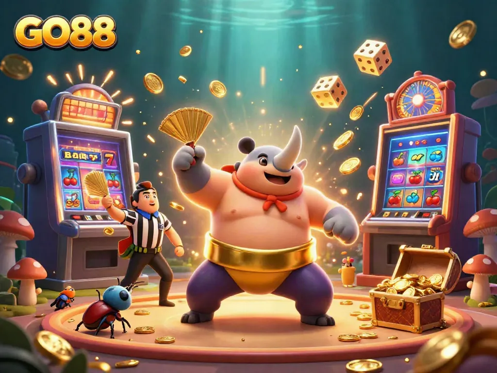 Experience the excitement of GO88 with a dynamic 3D illustration showcasing a sumo champion beetle and a slot machine jackpot.
