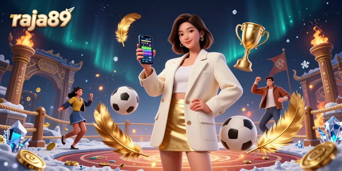Bet with raja89 for fast game top-ups and rewards in a vibrant 3D digital casino scene.