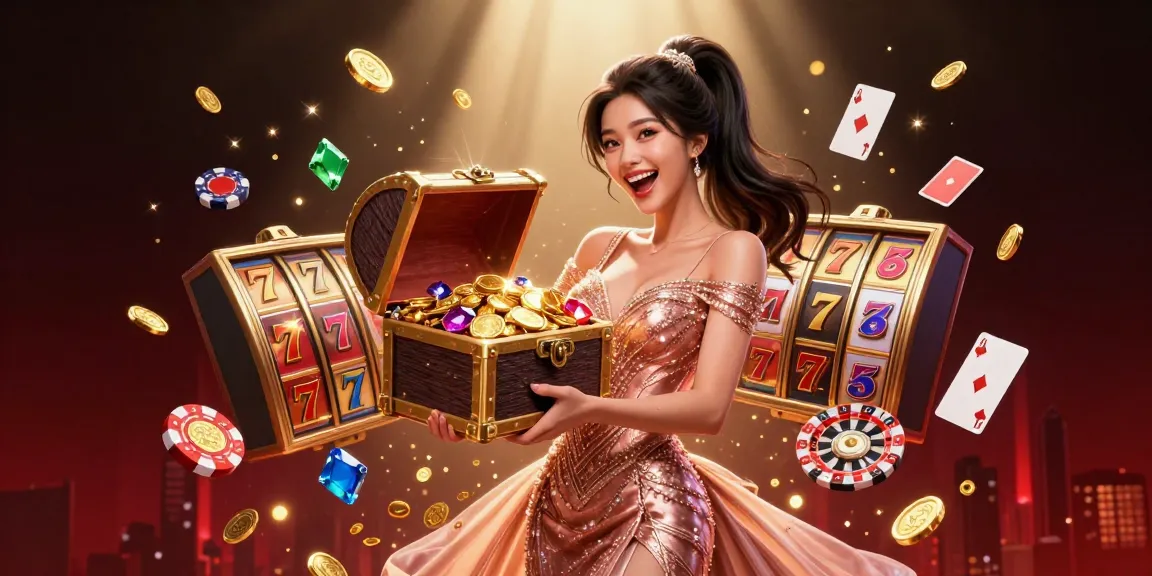 Watch ดูหนังออนไลน์ with thrilling casino elements depicted in vibrant 3D rendering of a treasure chest overflowing with riches.
