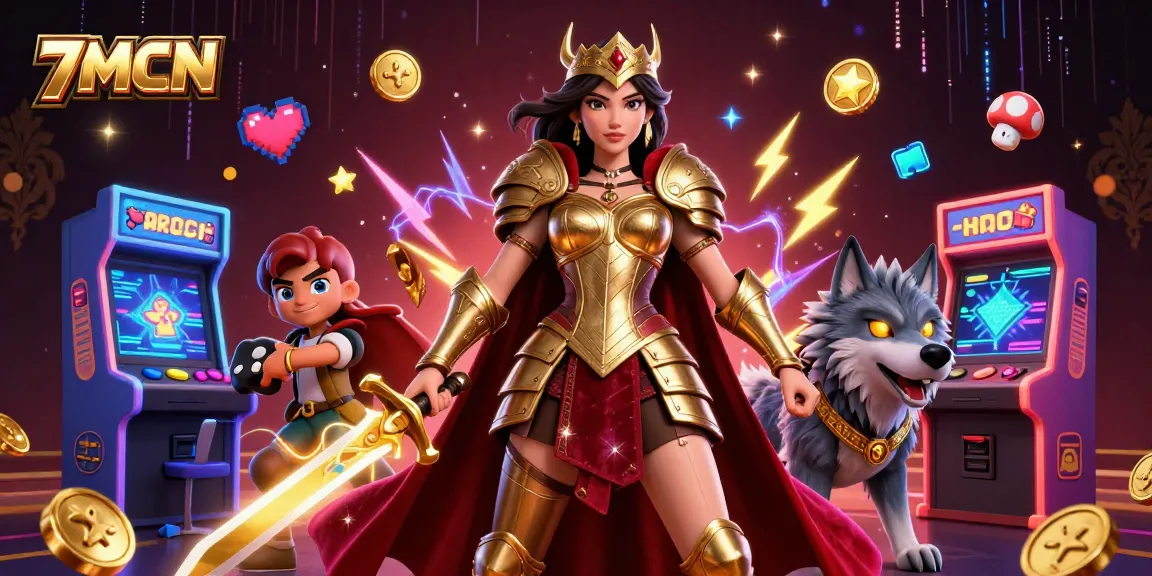 Engage with 7MCN's thrilling environment featuring an armored warrior and wolf, surrounded by dynamic gaming elements.