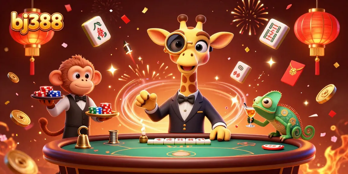 Experience the thrilling atmosphere of bj388 with a high-roller giraffe at an extravagant poker table.