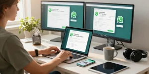 Setting up WhatsApp電腦版 on a laptop in a modern workspace with tech gadgets and natural light.
