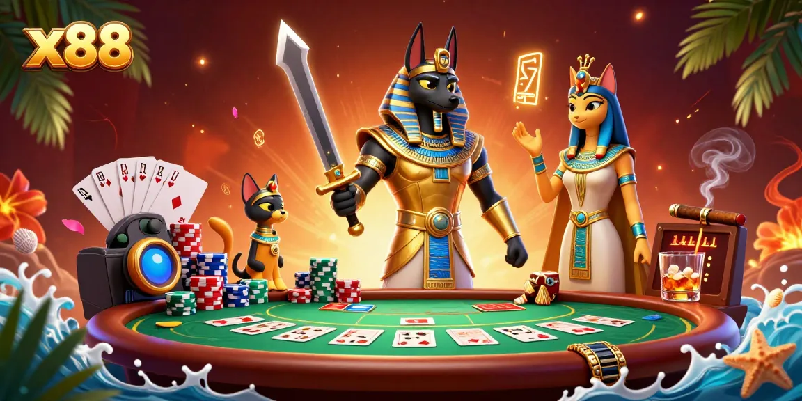 x88 players enjoy a vibrant poker scene with golden Anubis and Bastet in a dynamic 3D illustration.