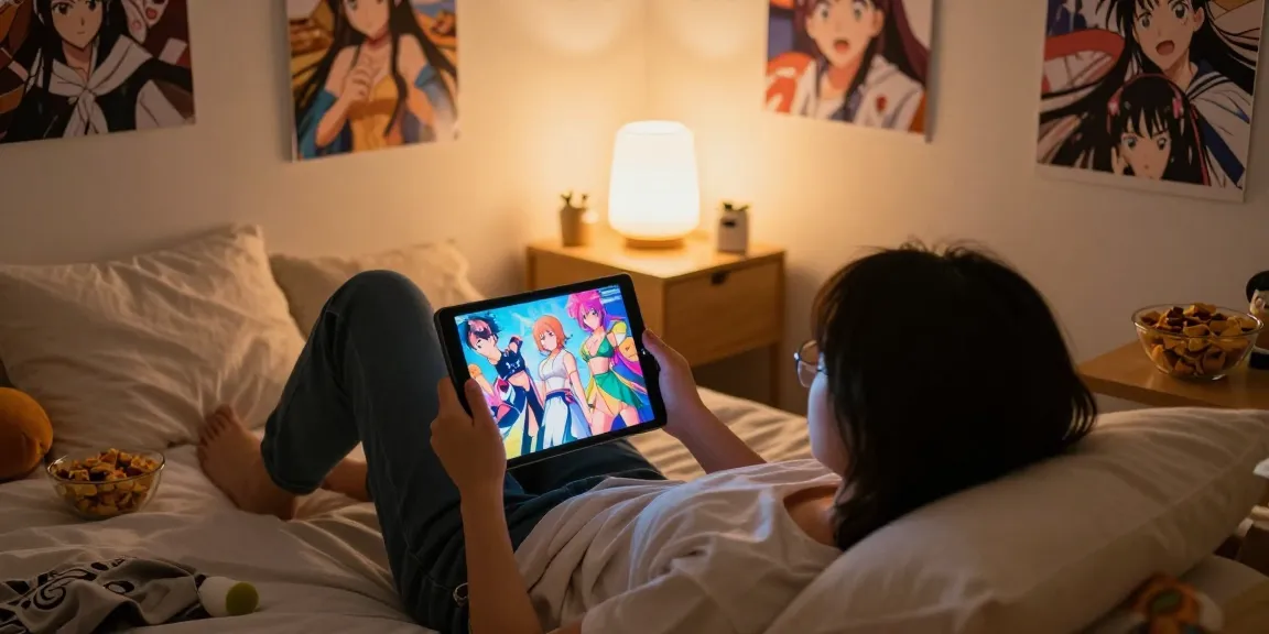 Engaging with a game hentai on a tablet in a cozy bedroom setting.