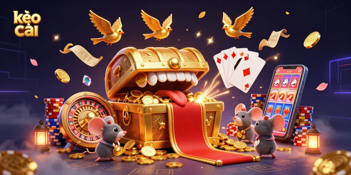Celebate your wins at kèo nhà cái with 3D cartoon treasure chest and dazzling casino elements.