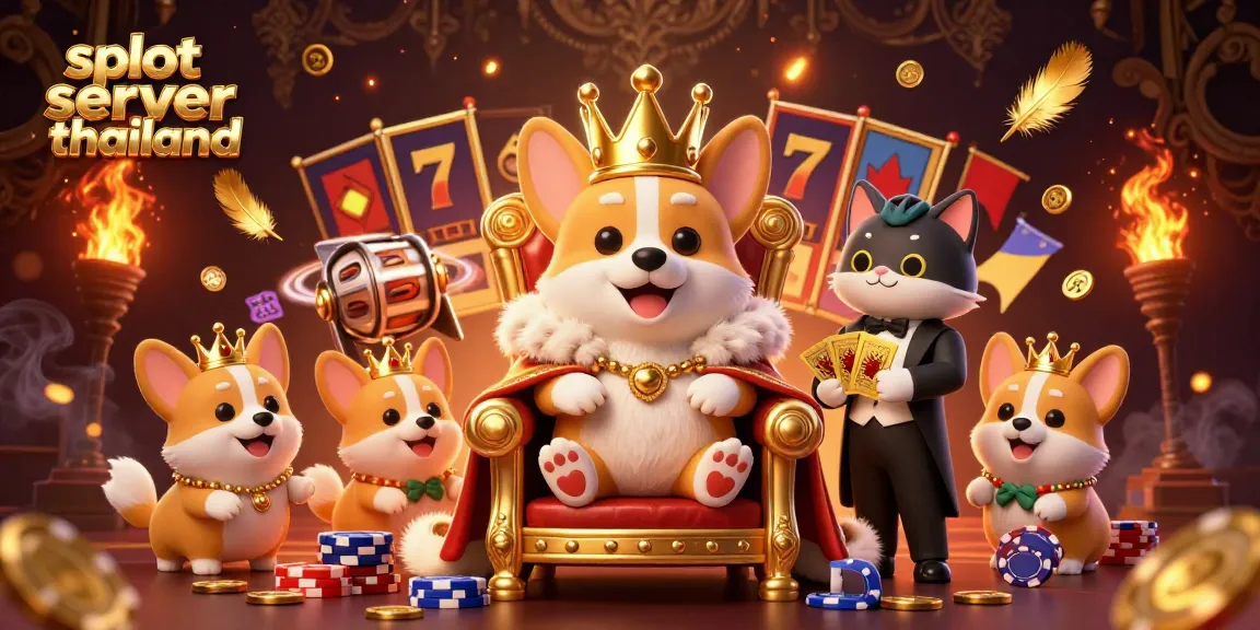 Experience excitement with slot server thailand, featuring a royal corgi and a cat butler in a dynamic casino scene.