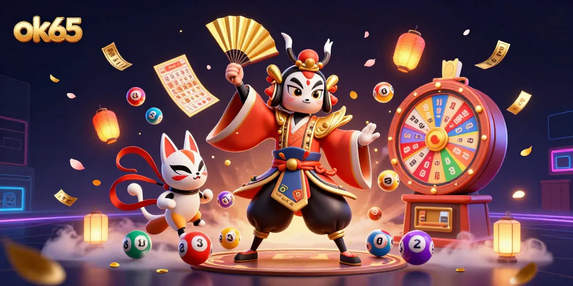 Engage with the vibrant energy of ok65 in this 3D casino-themed illustration featuring dynamic lottery elements and characters.