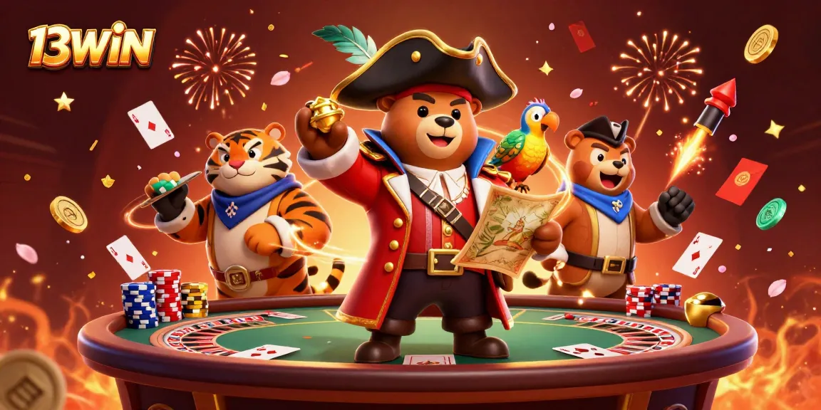 Experience 13WIN gameplay with a vibrant scene of poker tables and thrilling characters engaging in casino action.