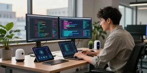 Engaged developer utilizing juicy ai technology in a modern workspace, surrounded by innovative tools and vibrant AI data displays.