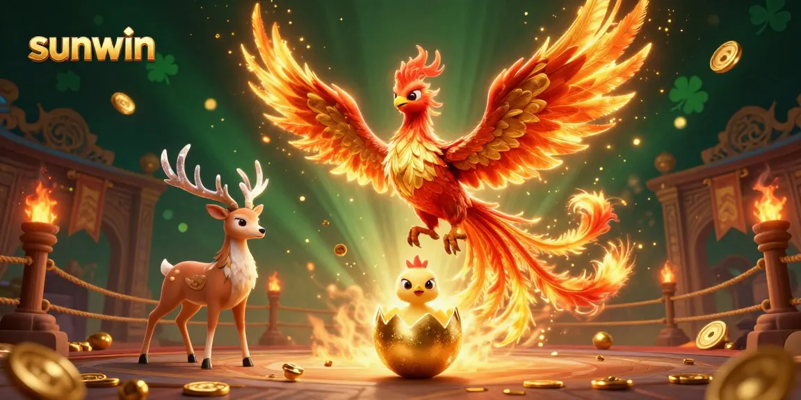 Experience the thrilling world of sunwin with vibrant golden phoenixes and dynamic casino elements.