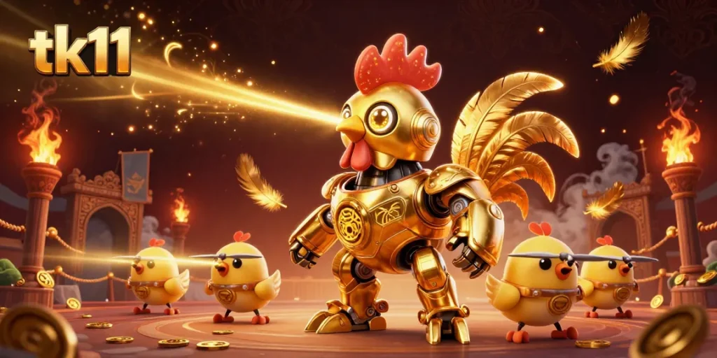 Engage with tk11's dynamic golden rooster robot and baby chick drones in a vibrant casino battle scene.