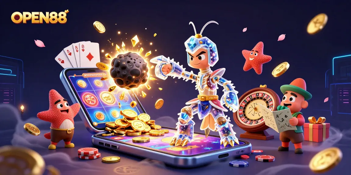Winning at OPEN88 with the 3D mantis shrimp character amid luxurious casino elements.