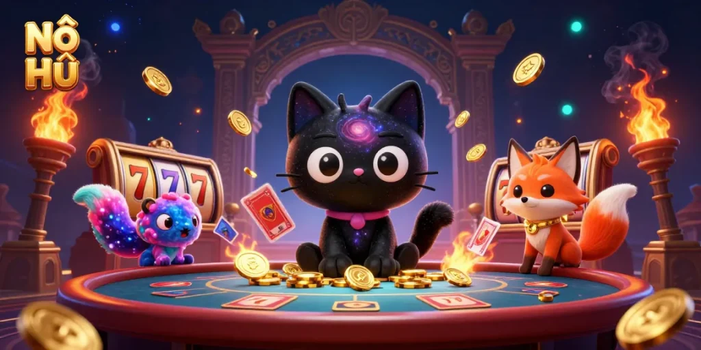 Experience Nổ Hũ gameplay with a mystical black hole cat and colorful nebula fox at a cosmic casino.