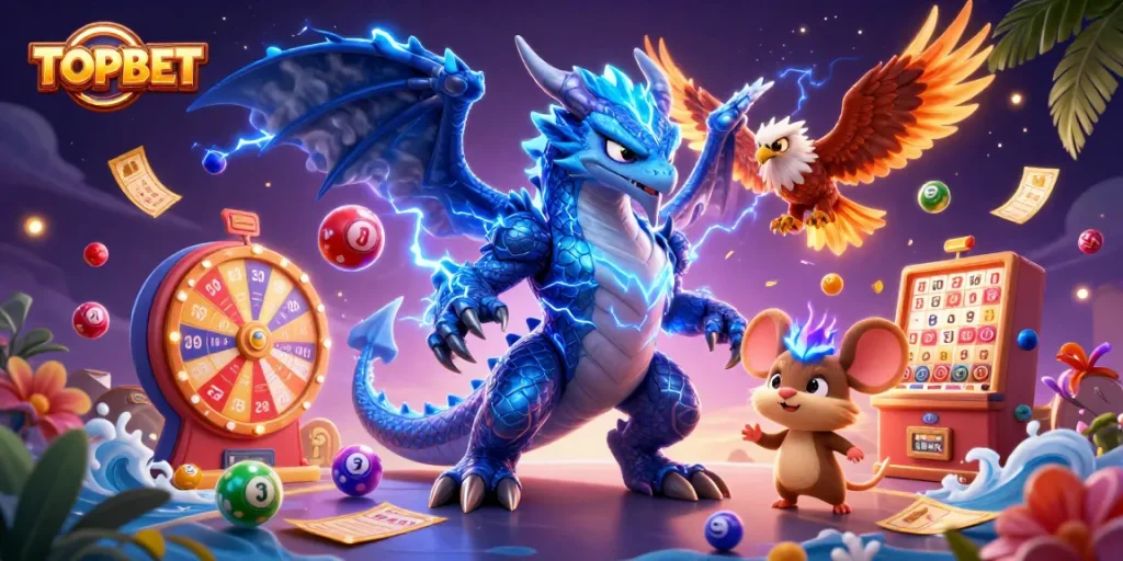TOPBET showcases a thrilling 3D illustration featuring a thunder dragon and game elements in an exciting online casino setting.