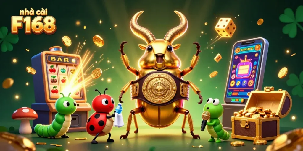 A vibrant illustration of nhà cái F168 showcasing a golden stag beetle in a boxing stance amidst casino elements emphasizing exciting gameplay and rewards.