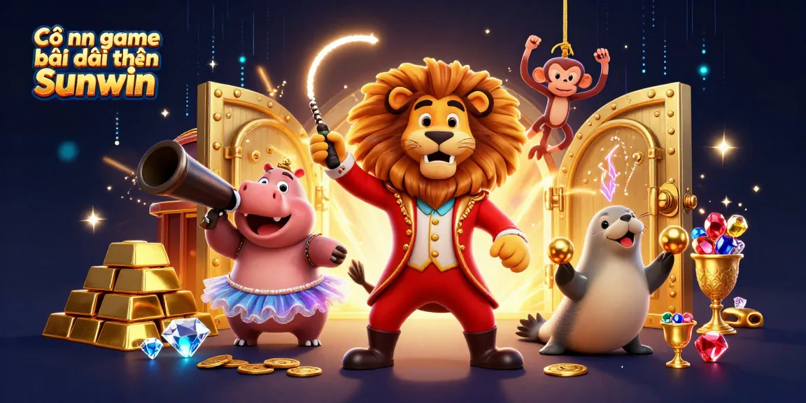 Cổng game bài đổi thưởng Sunwin showcases a vibrant 3D circus scene with a lion, hippo, monkey, and seal celebrating big wins in a dynamic online casino atmosphere.