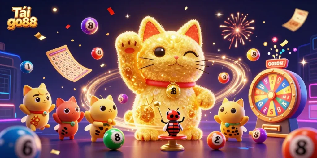 Experience the vibrant world of gaming with Tải go88, featuring a lucky cat and dynamic casino elements.