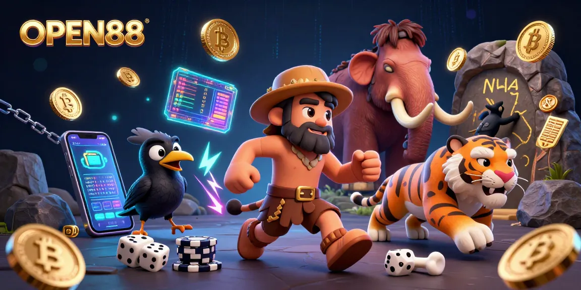 Experience OPEN88's thrilling prehistoric casino scene with exciting crypto elements and vibrant characters.