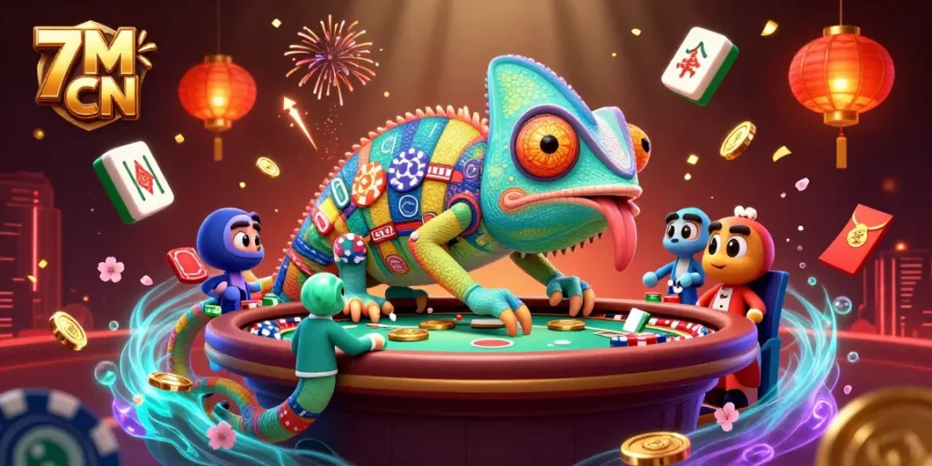 Engage with 7M CN's vibrant gaming scene featuring a chameleon casino owner amidst festive decorations.
