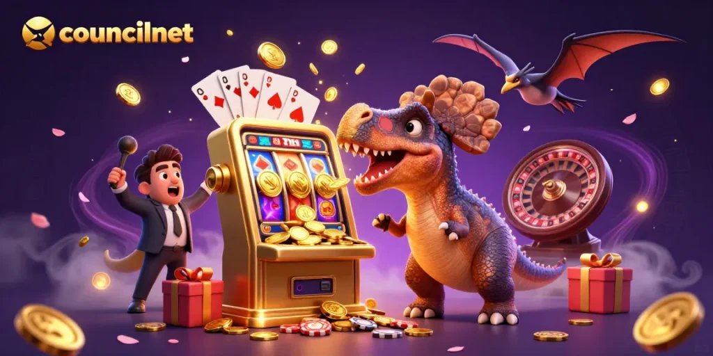 Experience thrilling jackpots with councilnet in this vibrant 3D cartoon illustration.