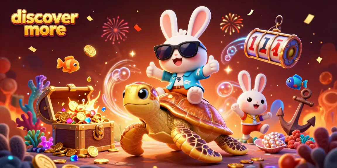 Discover more fun as a lucky rabbit and golden turtle explore a vibrant underwater casino scene.