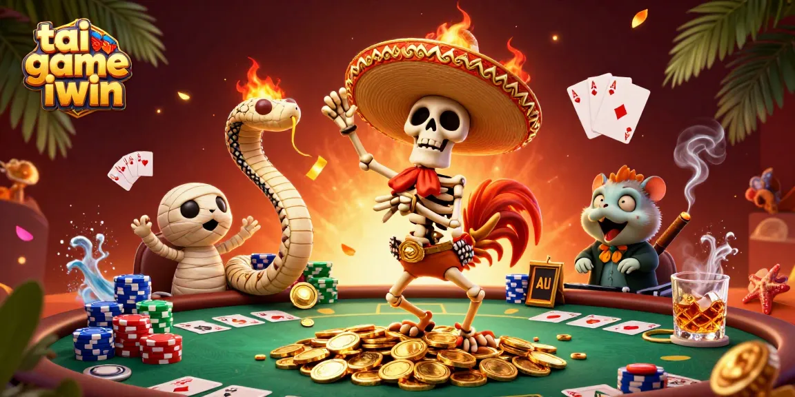 Join the fun with tai game iwin: a dynamic 3D illustration of a mariachi rooster, mummy snake, and DJ hamster at a bustling poker scene.