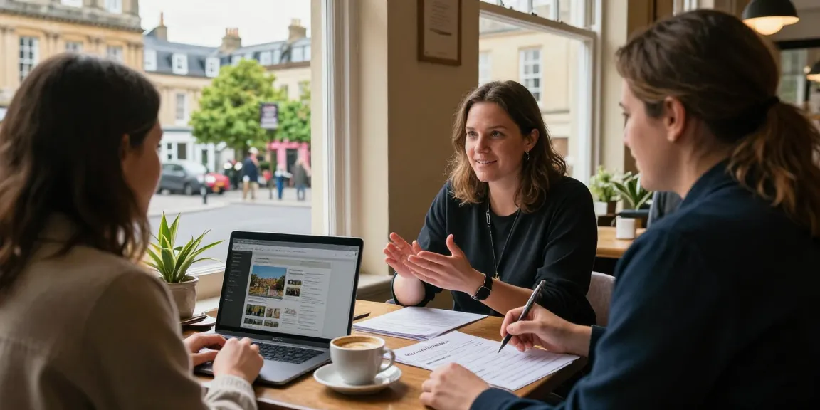 Airbnb co-host services Bath illustrated through a co-host discussing strategies with a property owner in a charming cafe.