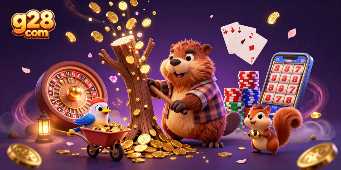 Win big with g28 com as a playful beaver collects golden coins in a lively casino scene.