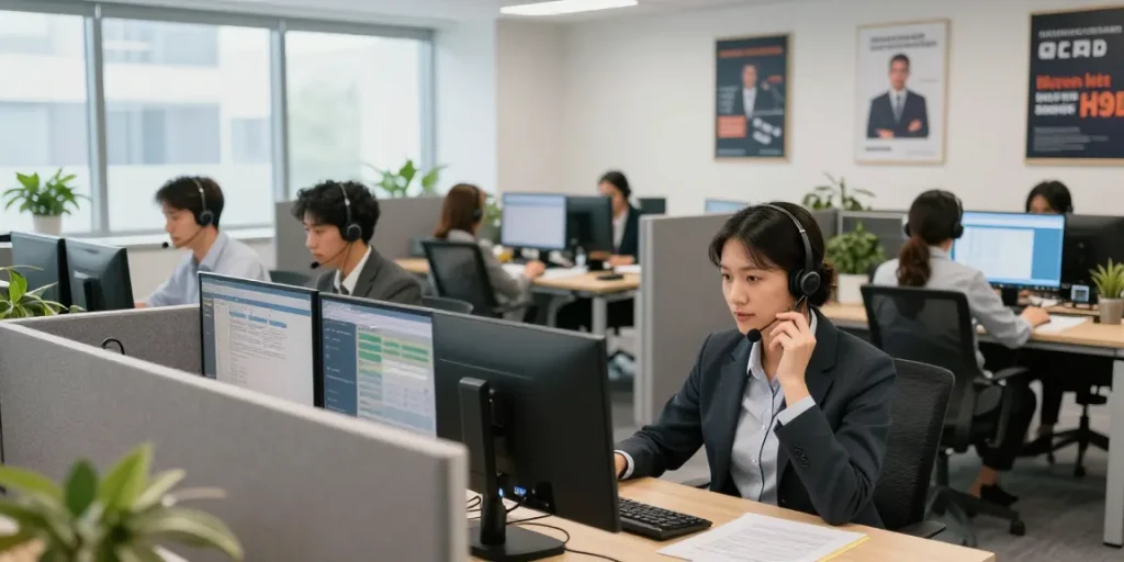 Engaged customer service agents using call centre software in a vibrant office.