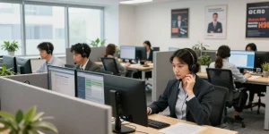 Engaged customer service agents using call centre software in a vibrant office.