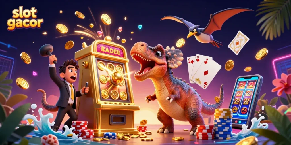 Engage with slot gacor as a pachycephalosaurus hits a golden slot machine amidst flying coins.