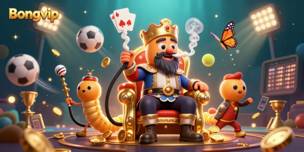 Bongvip players enjoying a vibrant casino scene with dynamic sports balls and a lavish backdrop.