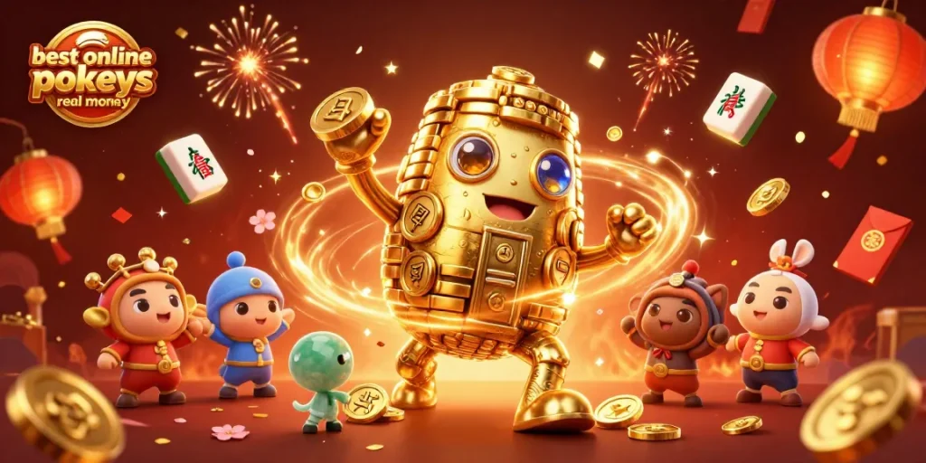 Experience the best online pokies real money with a golden golem surrounded by slot symbols and festive elements.