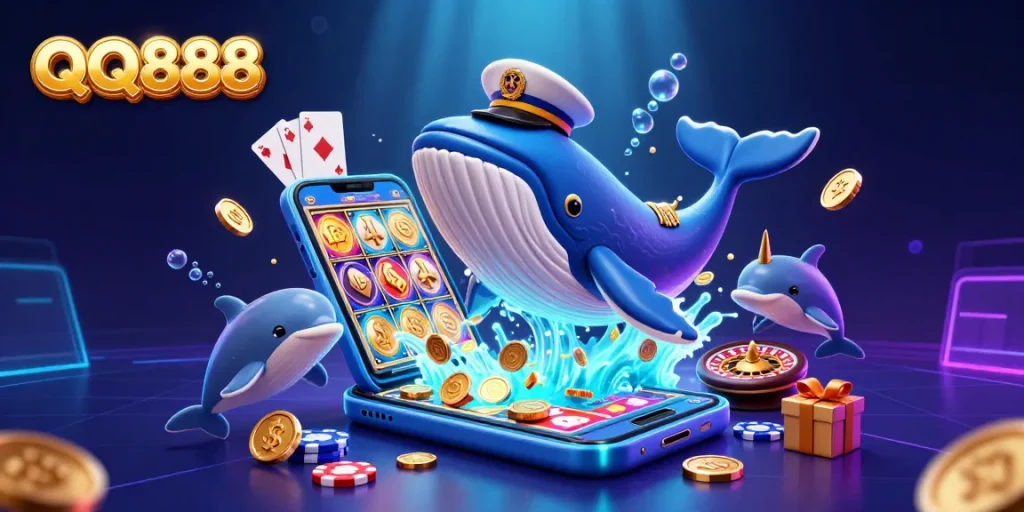 Experience thrilling gameplay at QQ888 with 3D cartoon whale and casino elements emerging from coins.