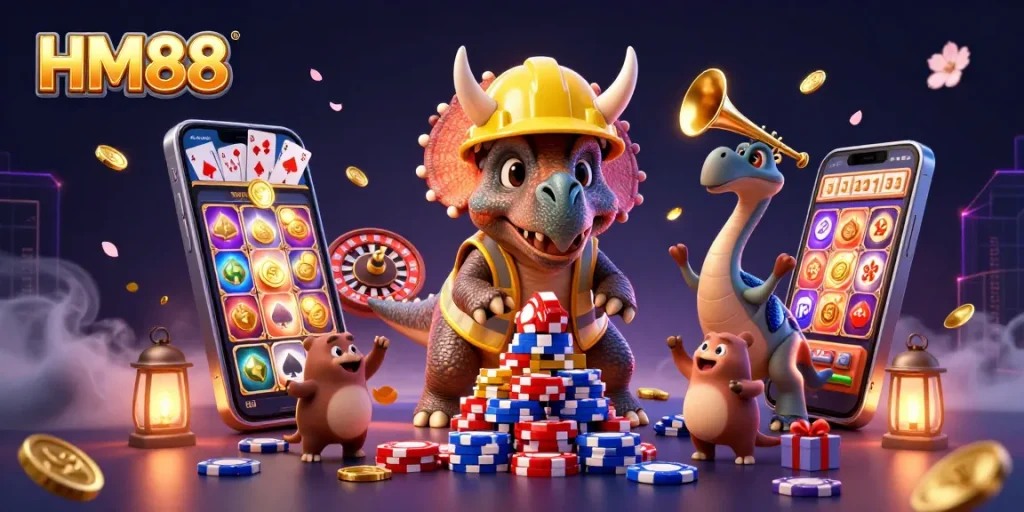 Engage with HM88's dynamic casino experience as a triceratops builds a poker chip pyramid!