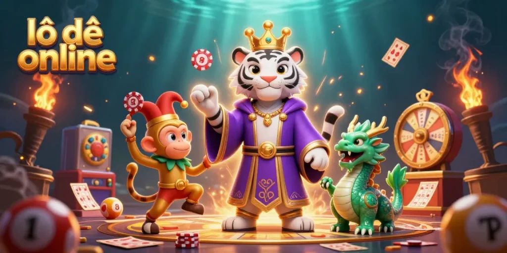 Play and win in lô đề online with vibrant 3D illustrations showcasing a white tiger, a juggling monkey, and dynamic lottery elements.