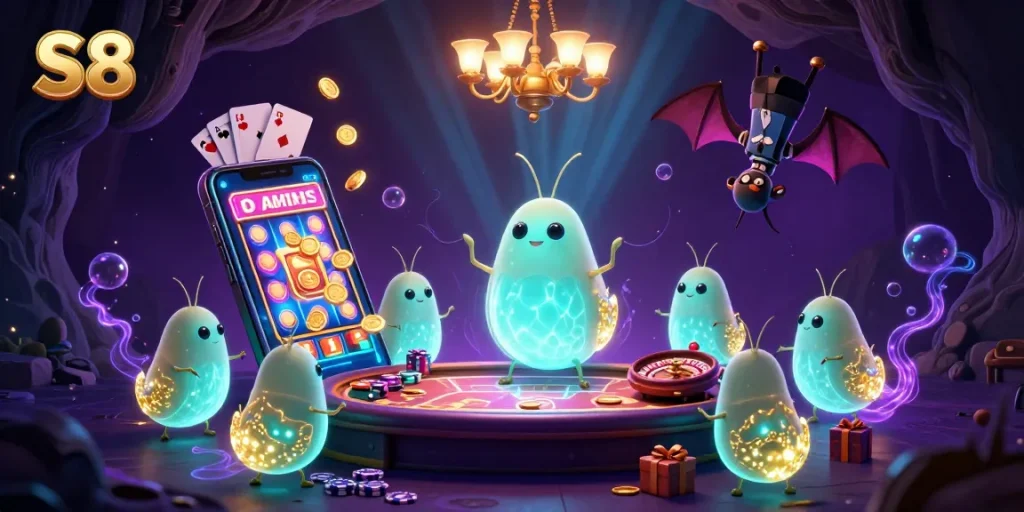 S8 glowworms illuminate a vibrant cave casino with dynamic slot game elements and a bat dealer.