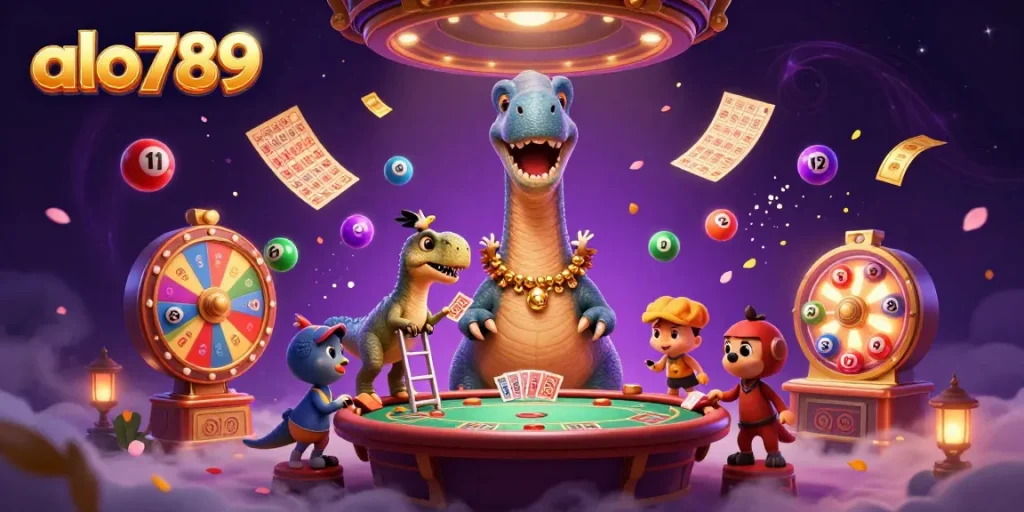 Engage with the exciting alo789 casino scene featuring a towering brontosaurus and vibrant game elements.